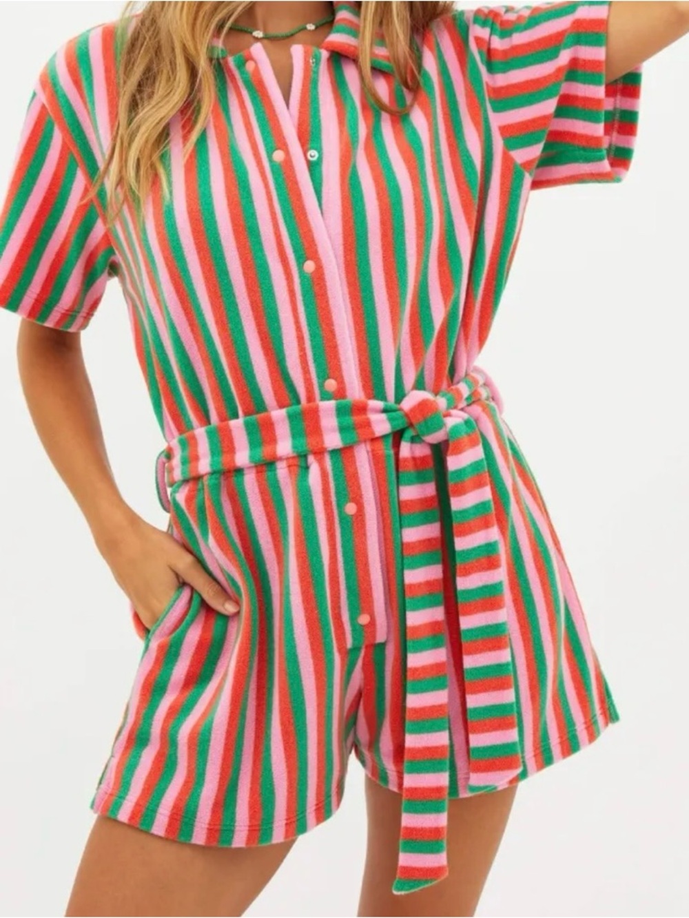 Beach Riot Striped Romper in Pink, Red & Green